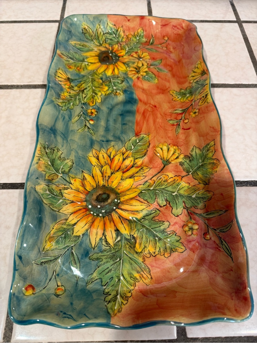 Sunflower Ceramic Serving Platter in Blue and Orange